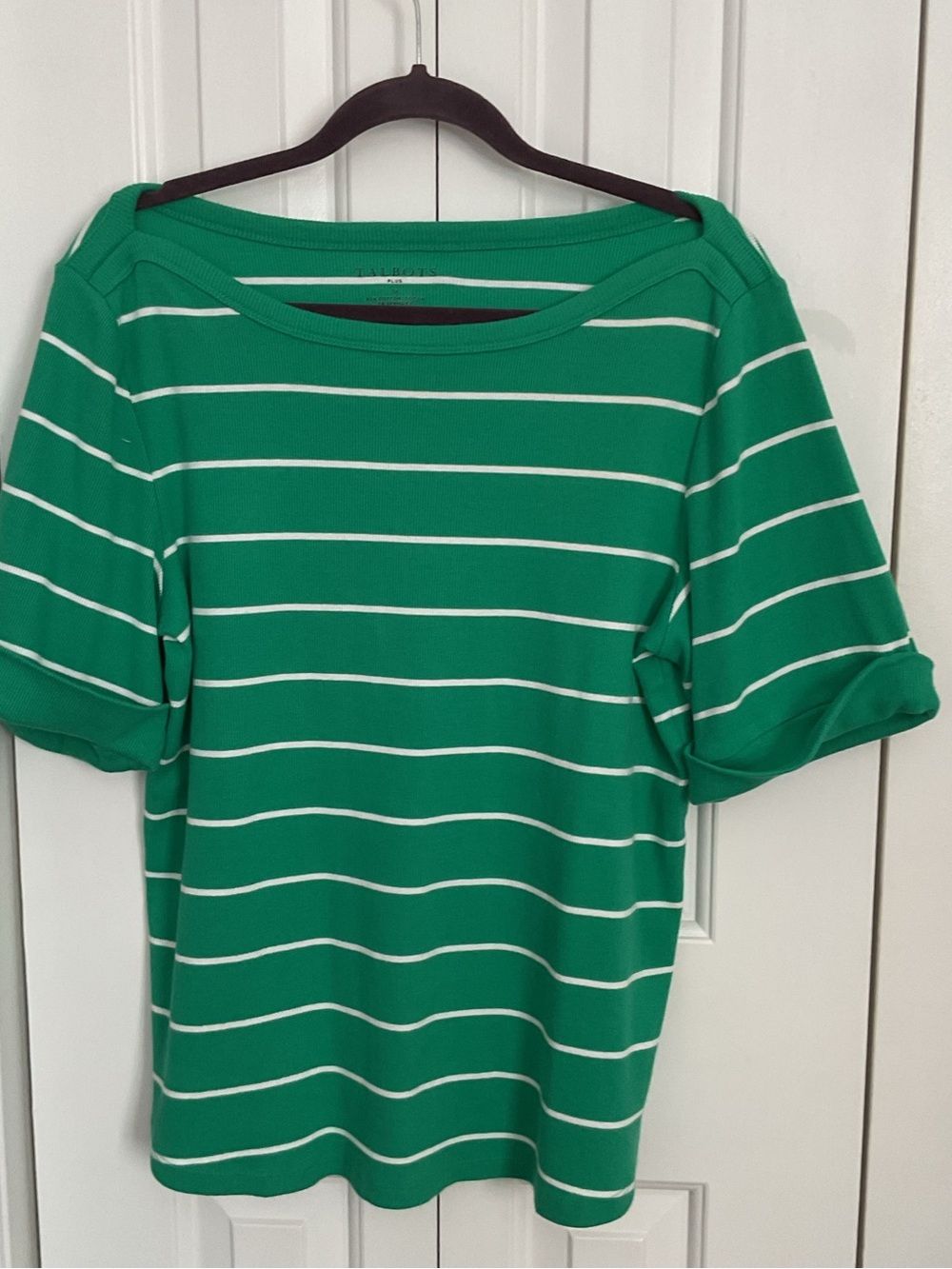 Talbots Green and White Striped Boatneck Short Sleeve Top
